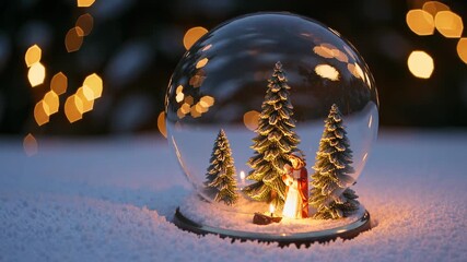 Christmas globe shows nativity scene with snowy trees and glass dome glowing in holiday light. Snow covers surface around glass globe. Christmas winter snow light decor nativity tree - Powered by Adobe