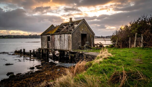 Ruined shed on the water at sunset