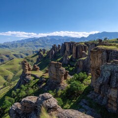 Naklejka premium Rocky outcrop panorama with lush valley below