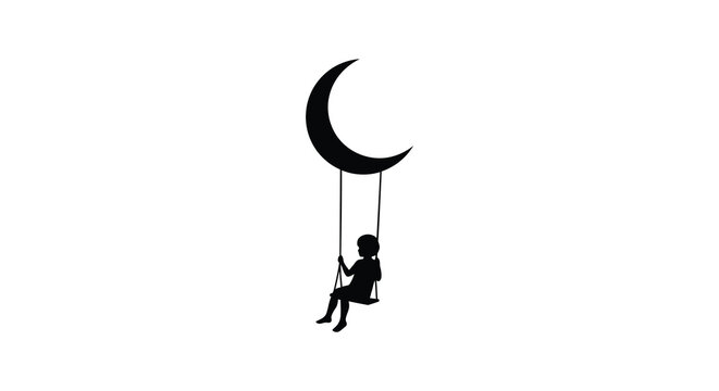 A silhouetted child swings peacefully from a crescent moon in darkness