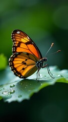 Naklejka premium A monarch butterfly sits delicately on a leaf with morning dew drops in a green environment.