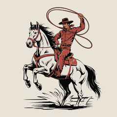 A bold retro woodcut illustration of a cowboy in dark red attire riding a dramatic rearing horse in striking motion