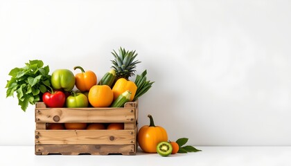 A wooden crate filled with fresh fruits and vegetables is prominently displayed against a white background, suggesting healthy eating choices.
