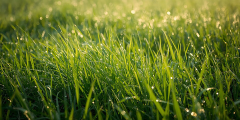 Dewy Green Grass Blades in Soft Morning Sunlight