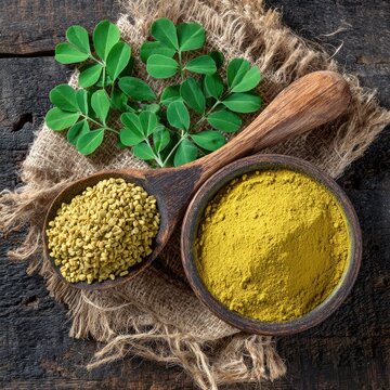 Wooden spoons holding a yellow powder and seeds, with green leaves on a rustic surface