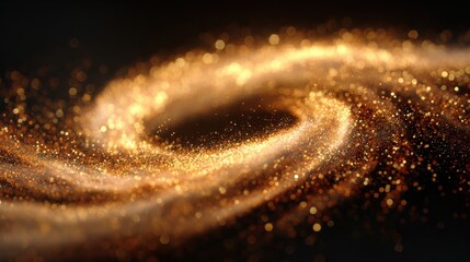 Abstract Golden Glitter Swirl, Sparkling Particles on Black, Festive Bokeh Background