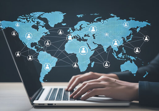 Hands typing on a laptop with a digital world map and network connections overlay, symbolizing global connectivity and technology