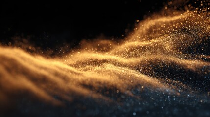 Abstract golden particles flowing on black background.