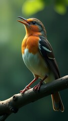 Fototapeta premium A small bird with orange and black feathers perches on a branch in bright sunlight.