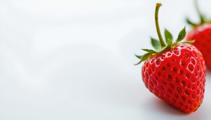 Two whole red strawberries with tiny holes, suggesting they are freshly picked.