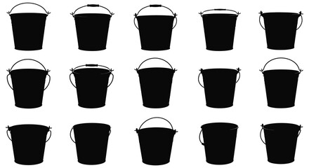Arrangement of black plastic buckets isolated on a plain white background