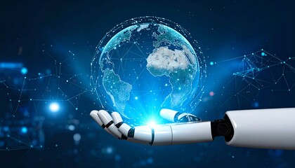 Robotic hand holding digital Earth with glowing network overlay, symbolizing global AI and technological connectivity.