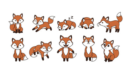 Cute Fox Cartoon Set: Delightful illustration featuring a collection of cartoon foxes, each displaying unique poses and expressions, perfect for creative projects, playful designs.