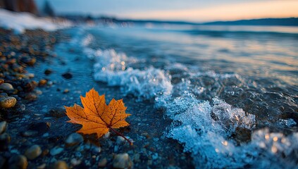 A lone, orange maple leaf rests on a pebble-strewn shore, partially submerged by icy, translucent waves lapping at the edge of a calm lake during a serene sunset
