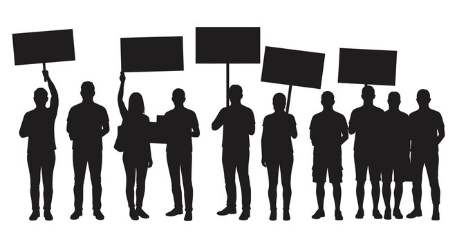 A group of people holding blank signs in a unified stance