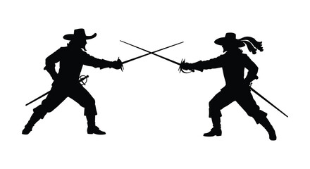 Obraz premium Silhouette of two figures engaged in a dramatic sword fighting duel