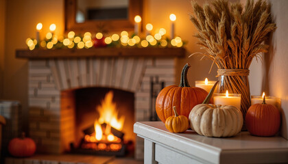 Cozy fireplace with fall decor in warm living room, Thanksgiving warmth