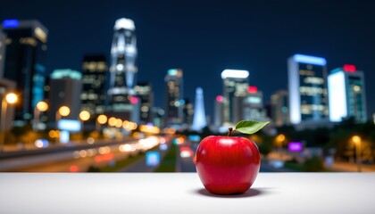 An apple prominently displayed atop a table with a cityscape in the background.
