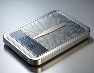 Modern analog bathroom scale with circular dial and digital panel on tiled floor in sunlit bathroom.