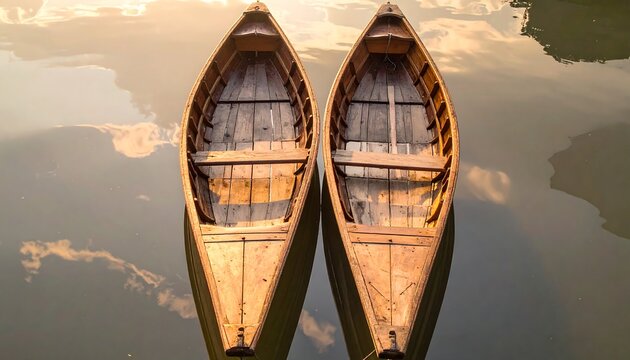 Two wooden boats on a lake at sunset - Powered by Adobe