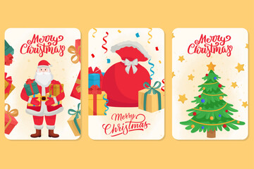 Christmas greeting card with Santa Claus elements Gifts Christmas tree red bag with presents