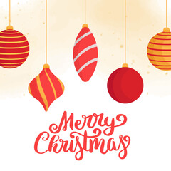 Merry Christmas greeting card with Christmas tree hanging red toys