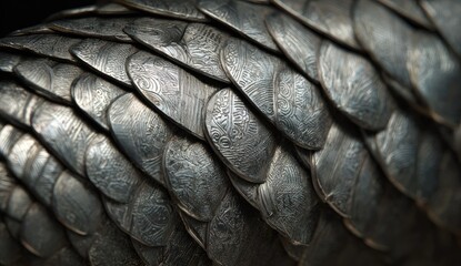 Close-up of metallic, overlapping scales, intricate patterns