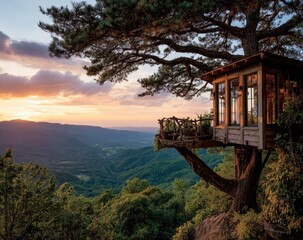 Wooden treehouse at sunset over valley