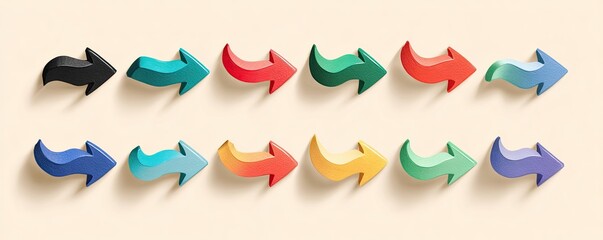 Obraz premium Twelve vibrant, 3D arrows in various colors, arranged in two rows on a neutral background, casting soft shadows