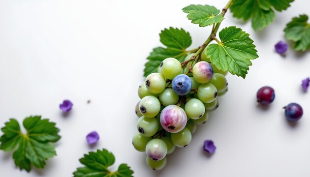 A close up view of grapes and berries. The grapes are clustered together, while the berries are arranged separately. Both the grapes and the berries have a vibrant mix of colors, suggesting freshness