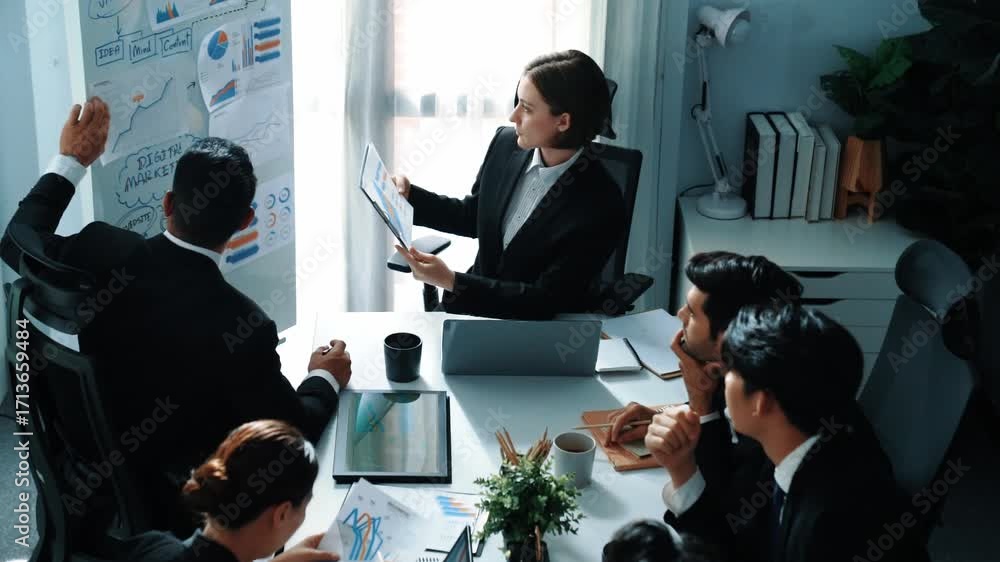 Poster top view of smart manager compare chart between board and paper while planning startup project with 