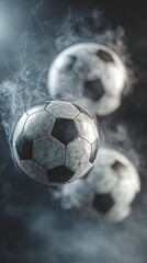 Three weathered soccer balls suspended in a smoky, dramatic setting, evoking a sense of mystery and movement.