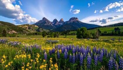 Fototapeta premium Vibrant Wildflower Meadow with Majestic Mountain Peaks Under a Dramatic Sky.