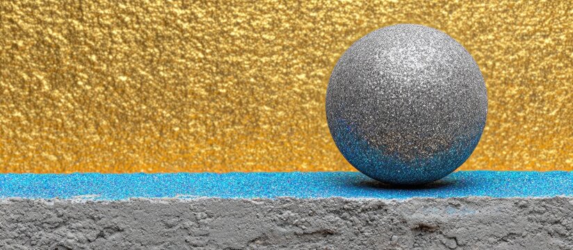 A silver sphere rests on a textured grey base with a thin blue stripe, set against a gold backdrop - Powered by Adobe