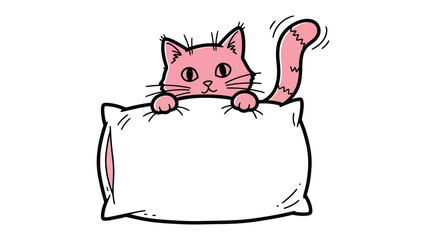 Cute cat behind pillow: An adorable pink cat peeks out from behind a fluffy pillow, its expressive eyes and perky ears adding a touch of whimsy to this charming illustration. 