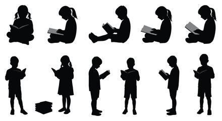 Silhouettes of children reading books in various seated and standing positions