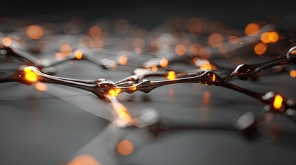 Abstract close-up of glowing orange nodes connected by a web of transparent strands in a dark environment
