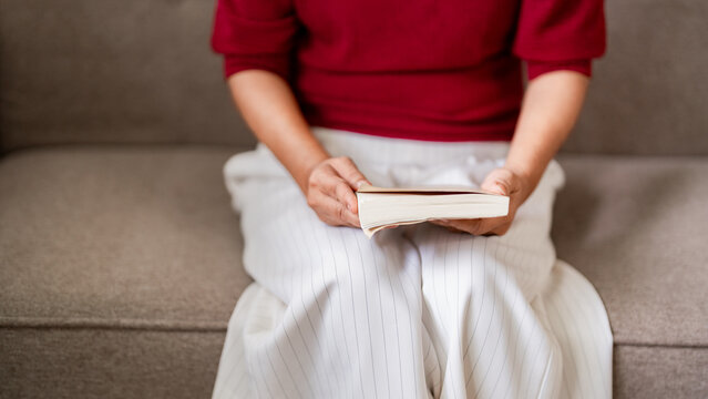 Older Asian woman reading book relaxing home comfortable sofa leisure peaceful moment indoor activity quiet enjoyment