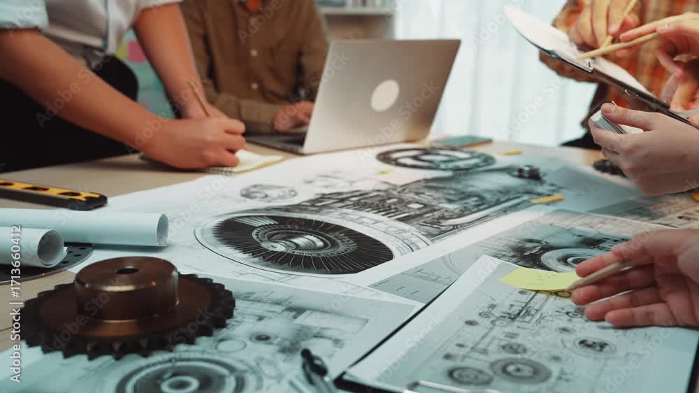 Poster a focused team collaborates in a modern office, examining technical blueprints and sketches, showcas