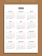 2026 english simple calendar. Vector year illustration. Week starts monday