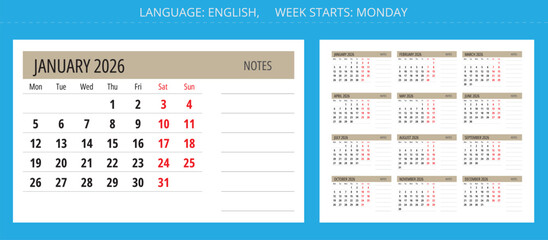 2026 calendar with notes. A vector collection of English monthly page calendars. Design Monday start