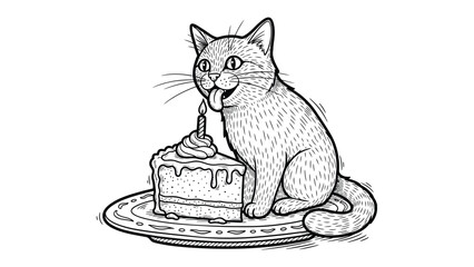 Festive Feline Fiesta: A playful illustration captures a curious cat eagerly celebrating its birthday with a tempting slice of cake and a single lit candle.