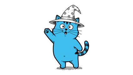 Whimsical Wizard Cat: A charming, cartoon cat, donned in a pointed wizard hat, waves enthusiastically, embodying a fusion of fantasy and feline charm.