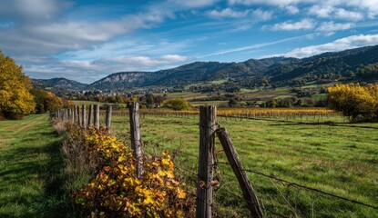 Autumnal vineyard landscape with a rustic fence