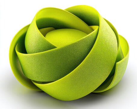 A lime-green, textured, organic form composed of interwoven, curving ribbons, creating a spherical, nested structure on a white background