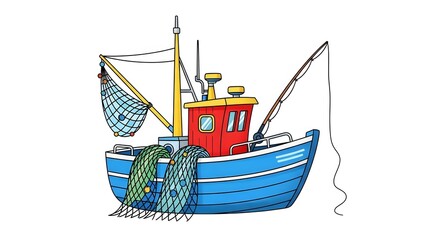 Illustration of a blue fishing boat with red cabin and fishing nets.