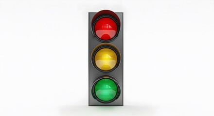 Traffic Light with Red Yellow and Green Lights Illuminated on White Background.