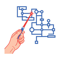A person's hand with a red laser pointer pinpoints a specific node on a complex digital network, illustrating problem-solving and strategy