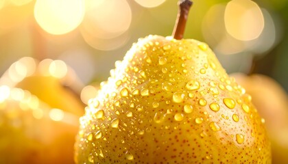 Close-up of a pear with water droplets