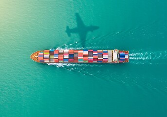 An aerial view of a large container ship with an airplane's shadow crossing over the turquoise sea
